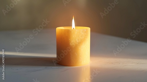 Wallpaper Mural Side View of a Single Lit Square Candle with Flame Reflection on White Surface Torontodigital.ca