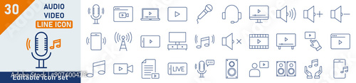 Audio video icon set. Set of 30 outline icons related to movie, micro, setup, microphone. Linear icon collection. Audio video outline icons collection. Editable stroke. Vector illustration.