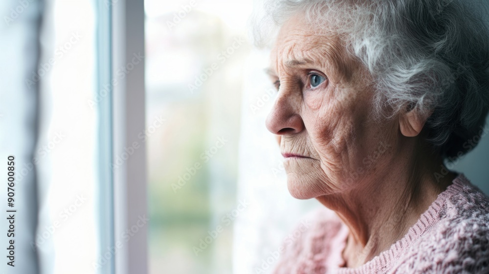 An elderly woman gazes thoughtfully out the window, lost in childhood memories as she reminisces An elderly woman gazes thoughtfully out the window, lost in childhood memories as she reminisces