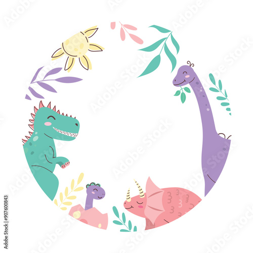 Round frame with cute dinosaurs. Dinosaur Kids Style. Cute character. Flat vector illustration.