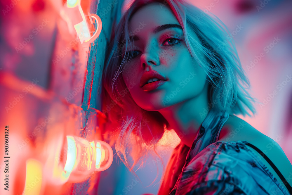 Fototapeta premium Striking portrait of woman that reflect vibrant neon lights in background