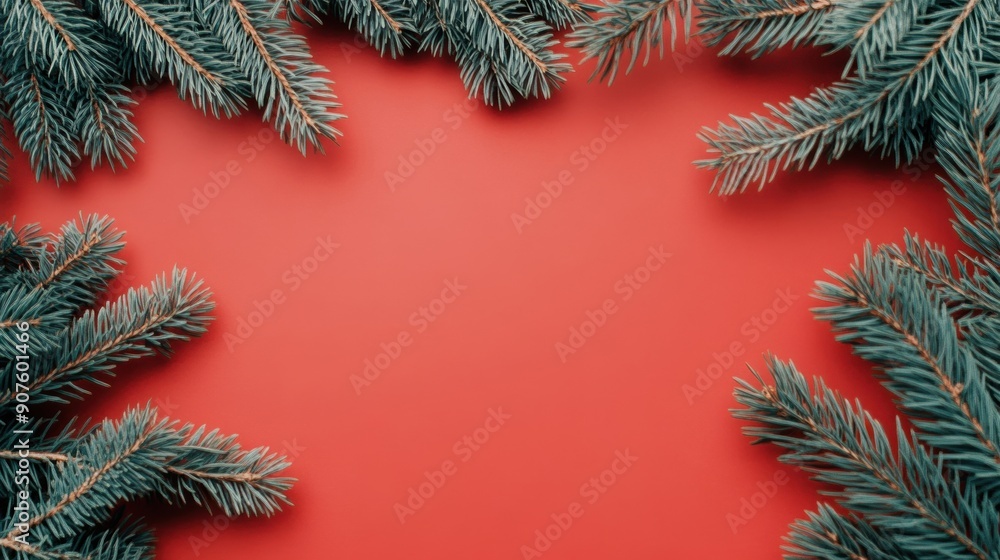 Green pine branches form a delightful frame on a bright red backdrop, perfect for winter-themed decorations Green pine branches form a delightful frame on a bright red backdrop, perfect for winter-themed decorations