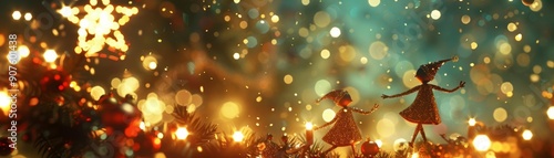 Whimsical scene of two figures in a dreamy atmosphere filled with shimmering lights and a star, capturing the magic of celebration.