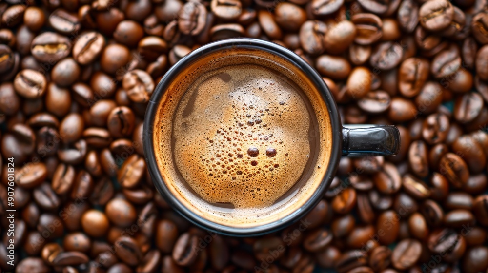 A top view of cup of coffee and coffee beans perfect composition A top view of cup of coffee and coffee beans perfect composition