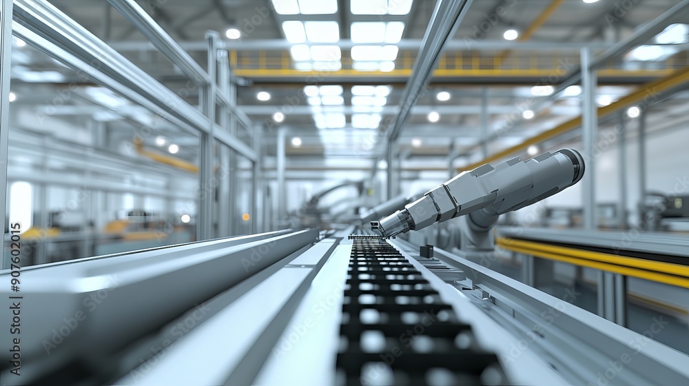 3D render of electronics components manufacturing automated robotic arm assembly line in a futuristic facility producing advanced hightech sustainable parts for information technology 3D render of electronics components manufacturing automated robotic arm assembly line in a futuristic facility producing advanced hightech sustainable parts for information technology