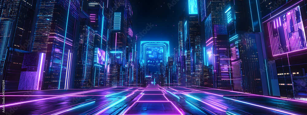 A Futuristic Cityscape with Glowing Purple and Blue Neon Lights A Futuristic Cityscape with Glowing Purple and Blue Neon Lights