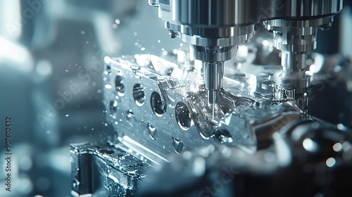 A closeup scene of a 5axis machining center cutting a V8 engine cylinder block with a solid ball end mill tool illustrating the highprecision automotive manufacturing process with a