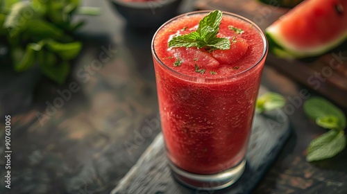 Wallpaper Mural A close-up of a refreshing watermelon smoothie in a glass, made with fresh watermelon, lime juice, and a hint of mint, served with a mint leaf garnish, high detail Torontodigital.ca