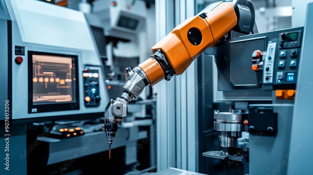 A hightech automated modern facility utilizing artificial intelligence featuring contemporary CNC machinery and robot arms in operation Includes highend CNC machinery and equipment A hightech automated modern facility utilizing artificial intelligence featuring contemporary CNC machinery and robot arms in operation Includes highend CNC machinery and equipment