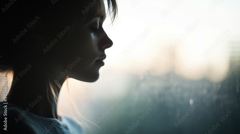 A woman reflects quietly while looking out the window, bathed in gentle evening light A woman reflects quietly while looking out the window, bathed in gentle evening light