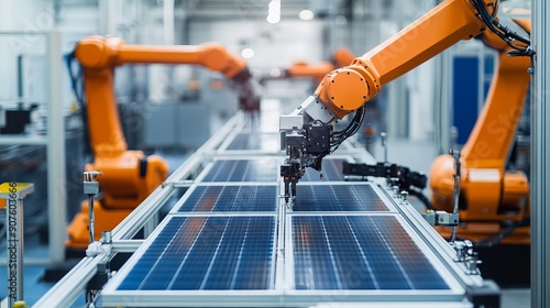 A large production line equipped with industrial robot arms at a modern brightly lit factory where solar panels are assembled on a conveyor in an automated manufacturing facility