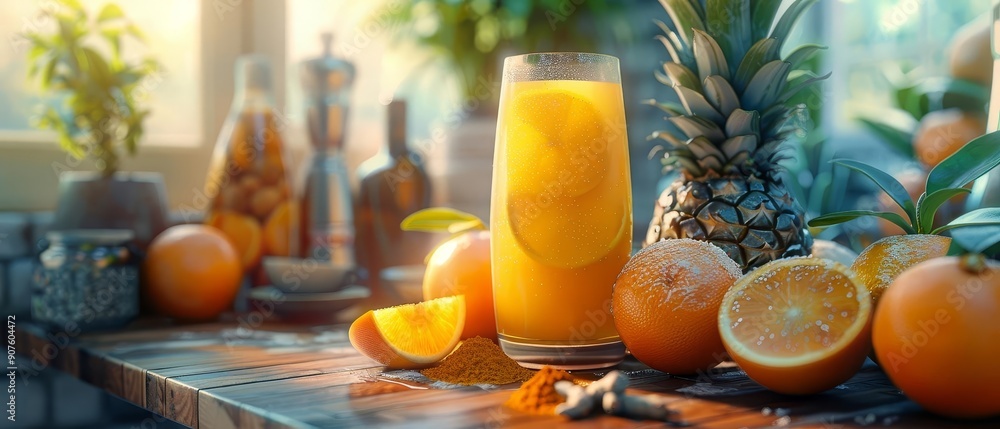 A serene kitchen scene with a refreshing citrus smoothie being prepared, featuring oranges, pineapple, and a hint of turmeric, high detail A serene kitchen scene with a refreshing citrus smoothie being prepared, featuring oranges, pineapple, and a hint of turmeric, high detail