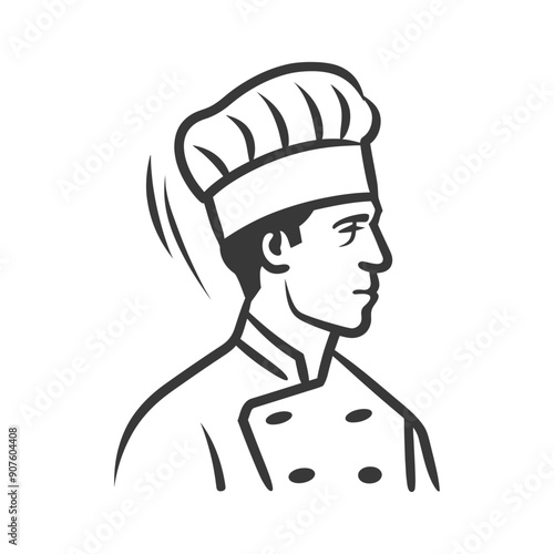 A black and white illustration of a chef in profile wearing a toque