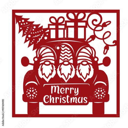 Merry Christmas card with Gnomes truck, Laser cut template.