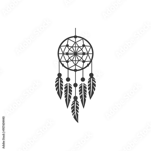 A Black and White Illustration of a Dreamcatcher with Feathers
