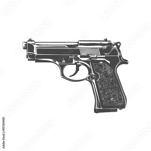 A black and white illustration of a handgun