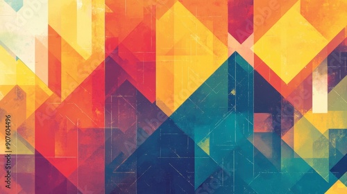 A vibrant geometric pattern features a blend of colorful shapes and hues arranged in an abstract grid photo