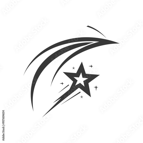 A black and white illustration of a shooting star with a five pointed star in the center