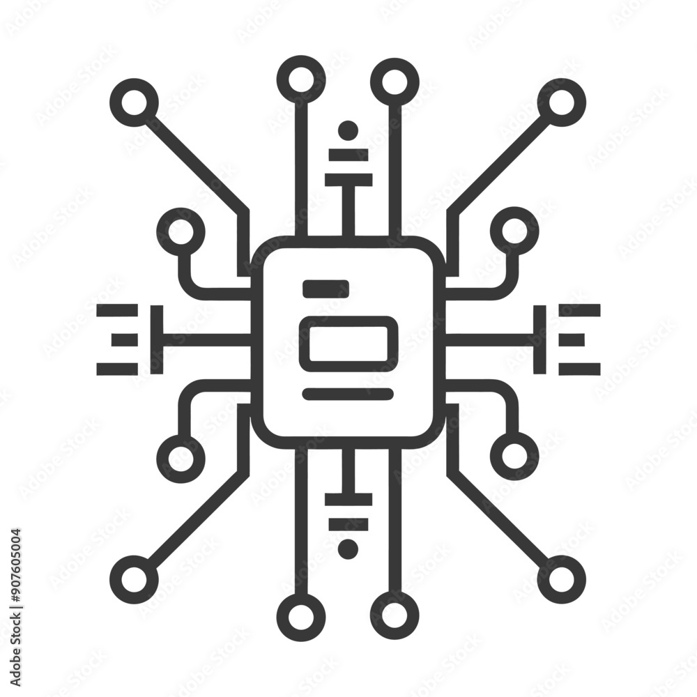 A black and white line drawing of a circuit board with connected nodes A black and white line drawing of a circuit board with connected nodes