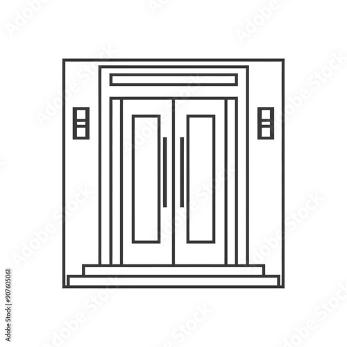 A Black and White Line Drawing of a Double Door Entrance with Steps