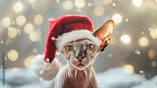 Cute Sphynx Cat Wearing a Christmas Santa Hat with Festive Lights and Bokeh in the Background - Perfect for Holiday Cheer and Greeting Card Designs