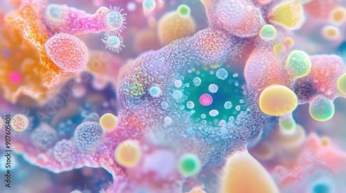 Vibrant microscopic organisms interact and thrive in their environment, showcasing diverse shapes and colors