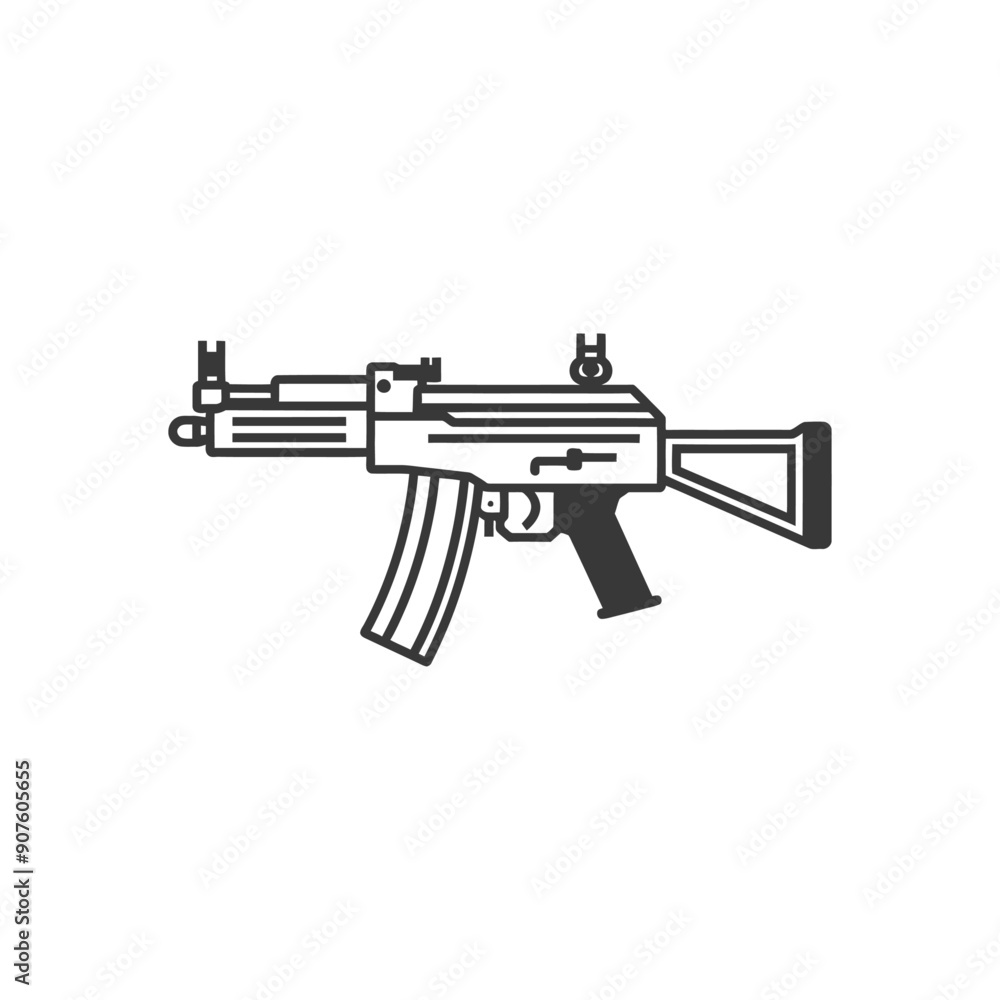 A Black and White Outline Illustration of an Assault Rifle A Black and White Outline Illustration of an Assault Rifle