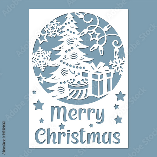 Merry Christmas card with Christmas tree and giftboxes, template for cutting.