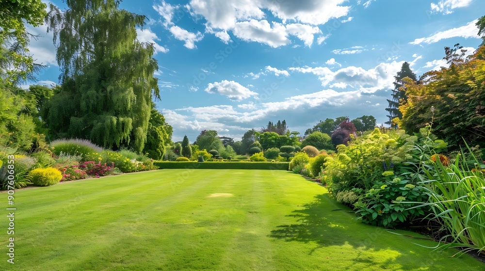 Scenic view of a beautiful English Style landscape garden with a freshly mowed grass Lawn green leafy plants and colourful flower bed garden themed photograph in colour : Generative AI Scenic view of a beautiful English Style landscape garden with a freshly mowed grass Lawn green leafy plants and colourful flower bed garden themed photograph in colour : Generative AI