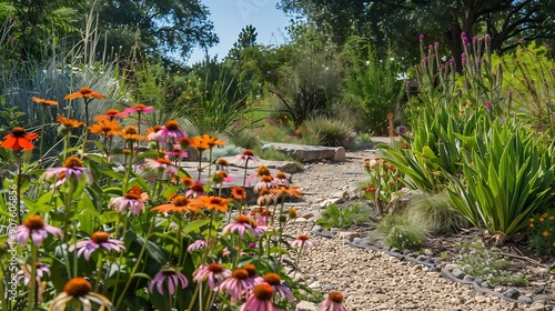 A xeriscape garden with a wide variety of hardy drought tolerant plants including Echinacea Coneflowers Gaillardia Geranium rozanne Poker plants and more : Generative AI photo