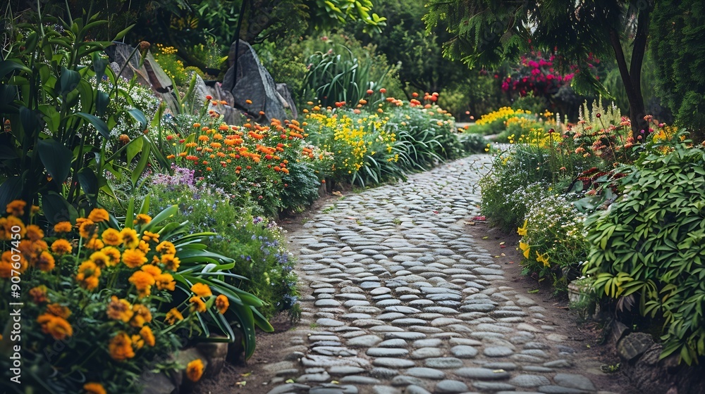 Flower beds and cobblestone walkways in an English garden filled with a variety of colorful flowers : Generative AI Flower beds and cobblestone walkways in an English garden filled with a variety of colorful flowers : Generative AI