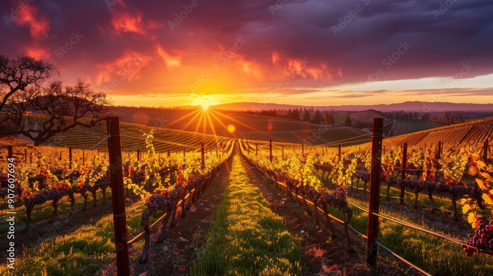 The sun setting behind a picturesque vineyard The sun setting behind a picturesque vineyard