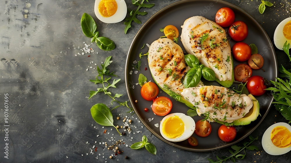 Ketogenic diet breakfast avocado eggs chicken fillet and cherry tomatoes Keto food concept Restaurant menu dieting cookbook recipe top view : Generative AI Ketogenic diet breakfast avocado eggs chicken fillet and cherry tomatoes Keto food concept Restaurant menu dieting cookbook recipe top view : Generative AI