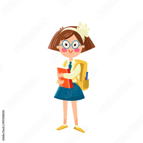 Schoolgirl going to school cartoon vector illustration