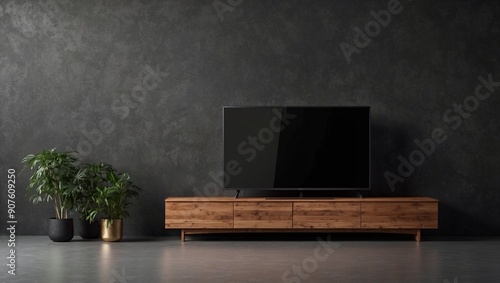 Modern TV Stand Setup with Plants and Large Screen photo