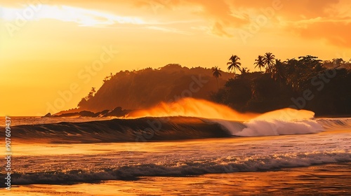 Beautiful stunning colorful and golden sunset in yellow orange red on beach and big wave panorama in tropical nature in Zicatela Puerto Escondido Oaxaca Mexico : Generative AI photo