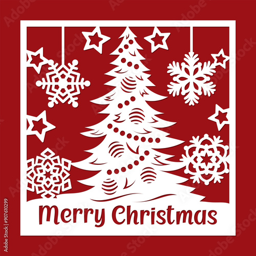 Merry Christmas card with Christmas tree and snowflakes, laser cut template.