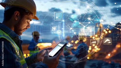 Natural resource sector workers using smartphones with various animated icons above, illustrating the integration of global business networks and digital technology in a hyper-realistic scene