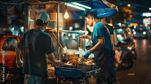 At Street Food in night city Thailand delivery drivers are making deliveries to consumers who have placed online orders : Generative AI