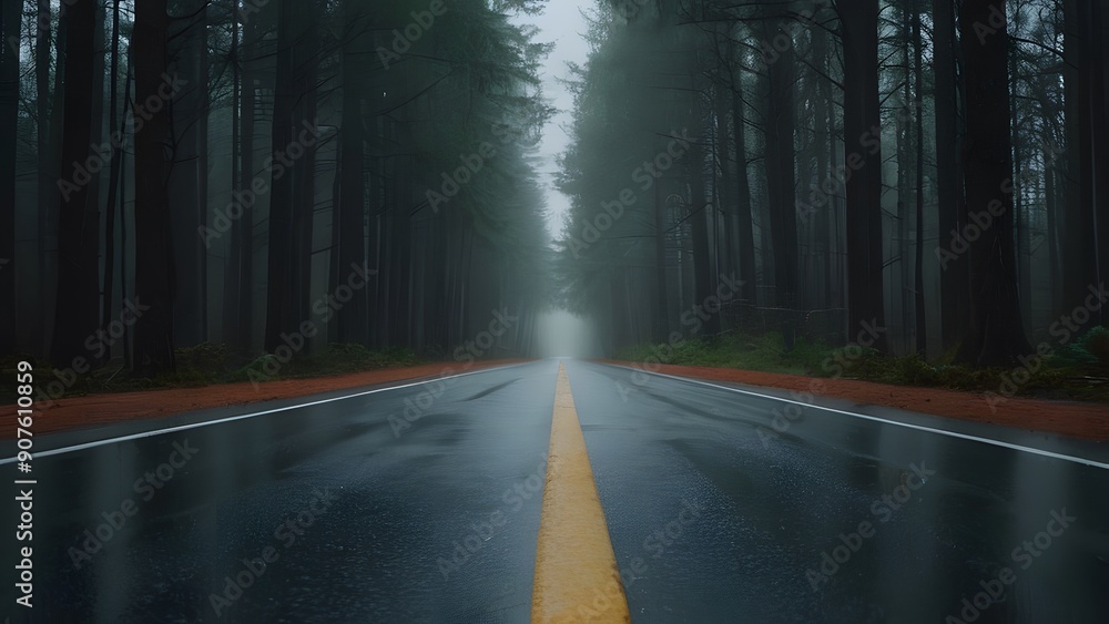 Wet road in the fog through the forest Wet road in the fog through the forest