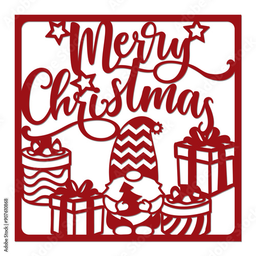 Merry Christmas card with Gnome and giftboxes, template for laser cutting.