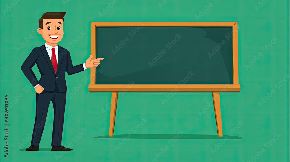 A confident man in a suit stands beside a chalkboard, ready to present ideas and engage an audience in a learning environment. A confident man in a suit stands beside a chalkboard, ready to present ideas and engage an audience in a learning environment.