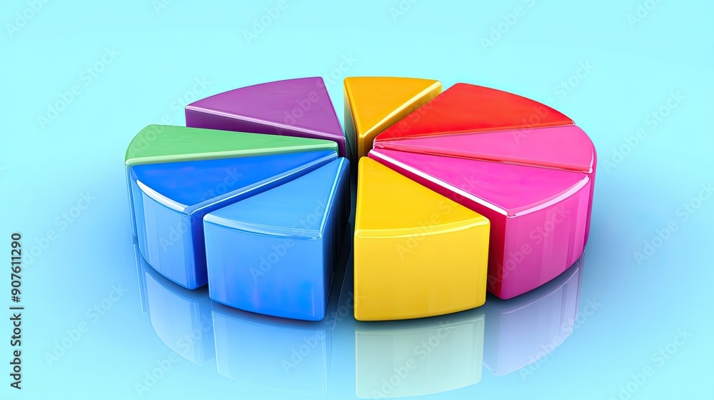 Obraz premium Colorful pie chart representing data segments on a reflective surface, ideal for presentations and analytical visuals.