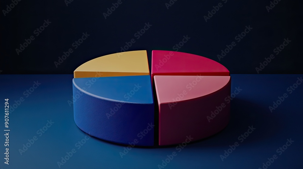 Obraz premium Colorful pie chart model showcasing data segmentation on a dark blue background, ideal for business and educational presentations.