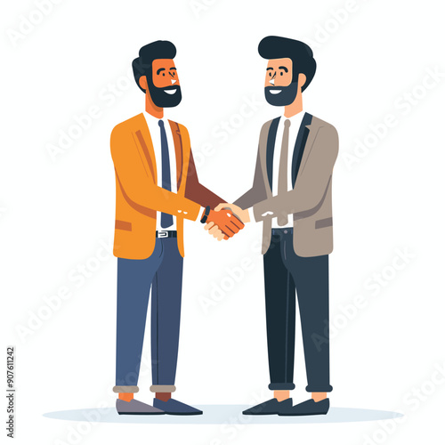 Two male businessmen shaking hands wearing suits isolated white background vector illustration. Professional agreement partnership handshake business deal friendly greeting vector illustration
