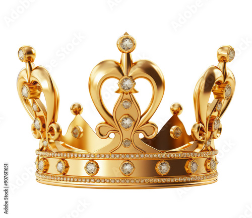 Golden crown with jewels on top, isolated on white background. Concept of power, royalty, celebration, luxury photo