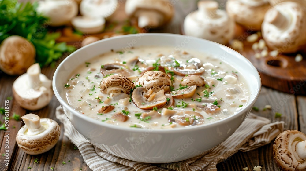 Delicious Bowl of Cream of Mushroom Soup Garnished with Crispy Fried Mushrooms for Gourmet Comfort Food Experience Delicious Bowl of Cream of Mushroom Soup Garnished with Crispy Fried Mushrooms for Gourmet Comfort Food Experience