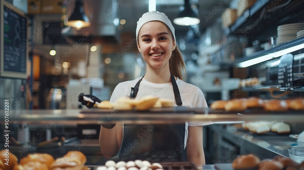 Beautiful young and happy female worker working in a modern bakery or fast food restaurant : Generative AI Beautiful young and happy female worker working in a modern bakery or fast food restaurant : Generative AI