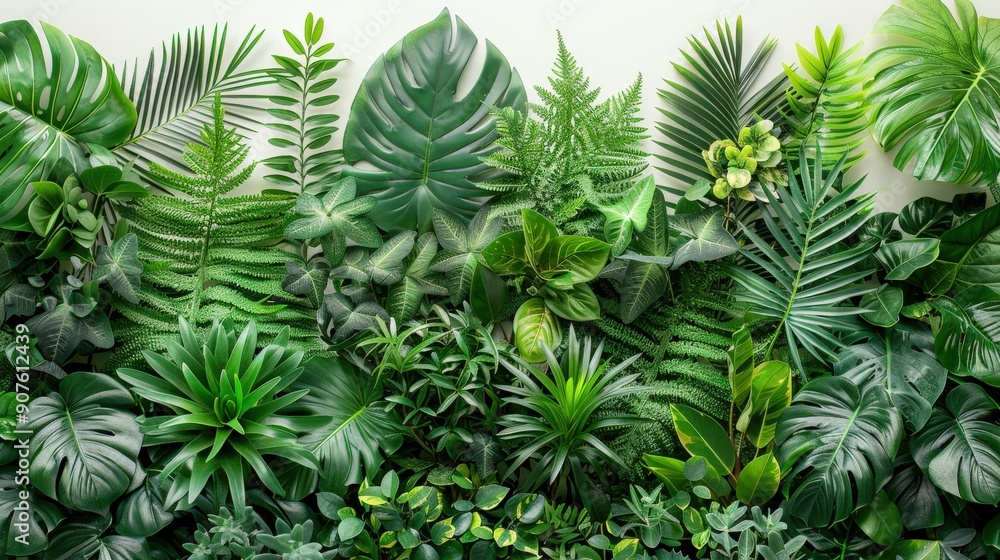 Beautiful display of tropical green plants on a plain white background, emphasizing the freshness and natural appeal of the foliage Beautiful display of tropical green plants on a plain white background, emphasizing the freshness and natural appeal of the foliage