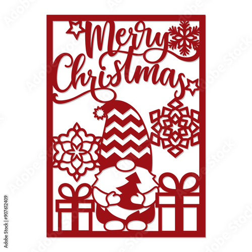 Merry Christmas card, cutting template, Christmas Gnome and giftboxes.